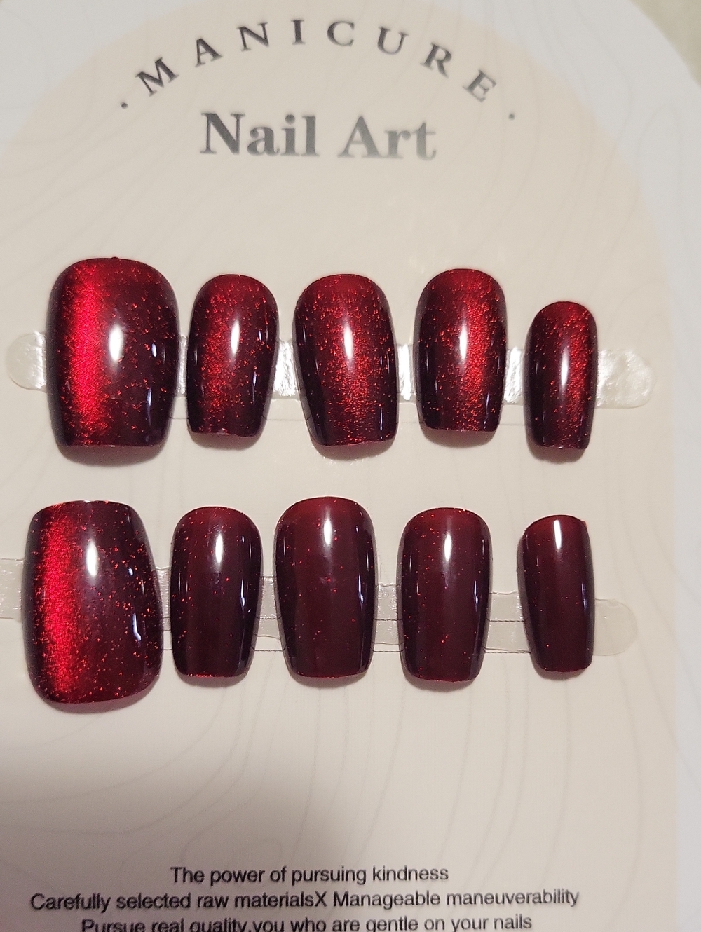 (XS)🎀Handmade Nail Art Red Cateye Square Style Press On Nails💅